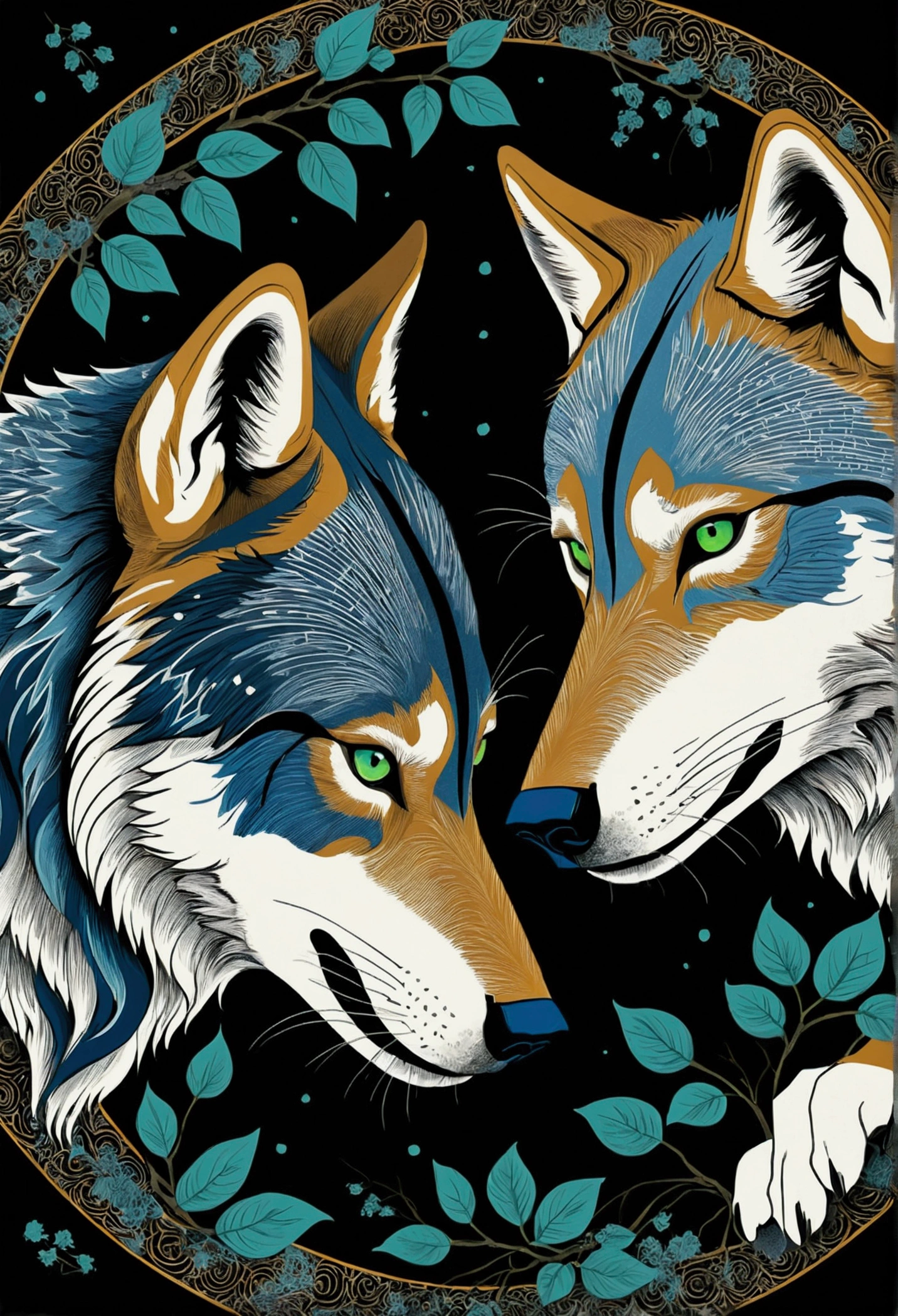 An exquisite ukiyo-e-inspired portrait of two majestic wolves, one black with piercing green eyes and the other white with captivating blue eyes. The wolves' profiles are delicately rendered with tremendous attention to detail, and they are touching foreheads, symbolizing their deep bond. The composition is symmetrically designed, emphasizing the beauty and grace of the wolves. The muted background artfully complements the vibrant colors of the wolves, creating a dark fantasy atmosphere that is both enchanting and mesmerizing., ukiyo-e, portrait photography, dark fantasy, painting, vibrant, 3d render, typography, illustration
