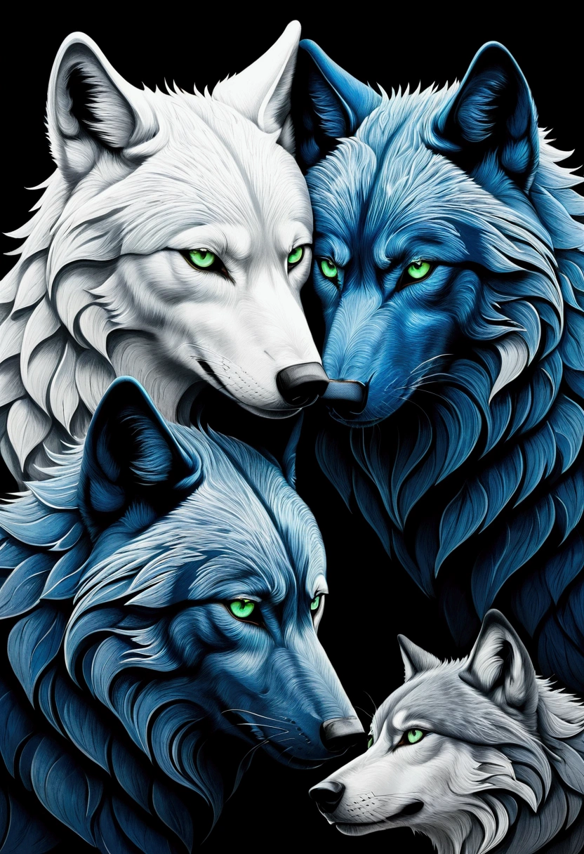 An exquisite ukiyo-e-inspired portrait of two majestic wolves, one black with piercing green eyes and the other white with captivating blue eyes. The wolves' profiles are delicately rendered with tremendous attention to detail, and they are touching foreheads, symbolizing their deep bond. The composition is symmetrically designed, emphasizing the beauty and grace of the wolves. The muted background artfully complements the vibrant colors of the wolves, creating a dark fantasy atmosphere that is both enchanting and mesmerizing., ukiyo-e, portrait photography, dark fantasy, painting, vibrant, 3d render, typography, illustration