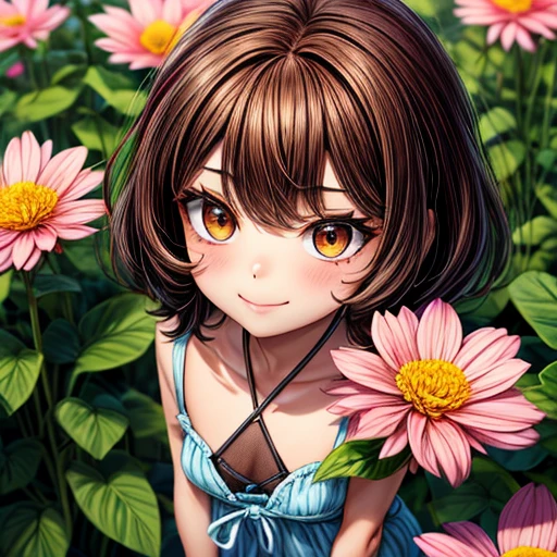 1girl, (shrunken:1.2), minigirl, a cute girl, six inches tall, miniature size,  mature female, standing in a flower garden, oversized objects, gigantic flowers and flora, {{{long dark brown hair}}}, {{{Golden eyes}}}, purple drass, small smile, {best quality.}, {highres masterpiece.}, 16k {{{medium close up}}}, {facing viewer}