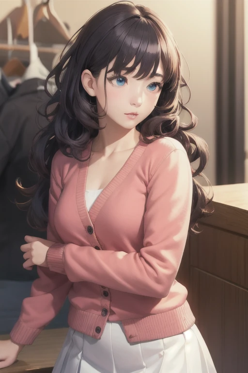 girl,Character design sheet,Beautiful attention to detail,Beautiful lip detail,Very detailed目と顔,Long eyelashes,Realistic,photoRealistic:1.37,Very detailed,Professional,Vibrant colors,Studio Lighting,Sharp focus,Physically Based Rendering,High resolution,超High resolution. blue eyes,Big eyes, Long Hair,Curly hair、Black Hair,Red cheeks,Droopy eyes,Small breasts,Jacket,Red cardigan,White T-shirt,White long skirt,Subjective arm,Entwining arms