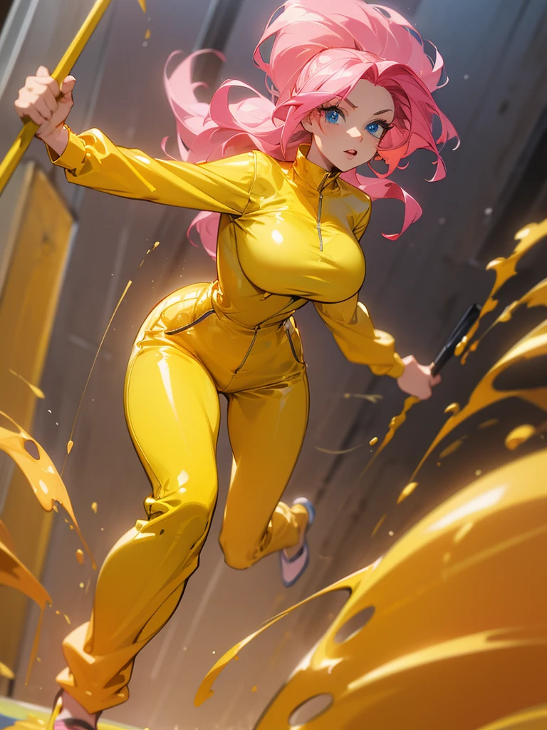 a mature woman , hero pose, big pink hair, shining blue eyes, wearing a mustard yellow jumpsuit. hero pose, big breasts35 years old, running away from an old squeegee