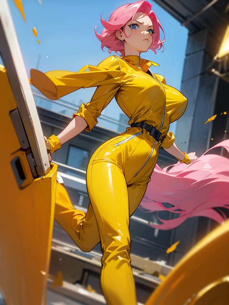a mature woman , hero pose, big pink hair, shining blue eyes, wearing a mustard yellow jumpsuit. hero pose, big breasts35 years old, running away from an old squeegee