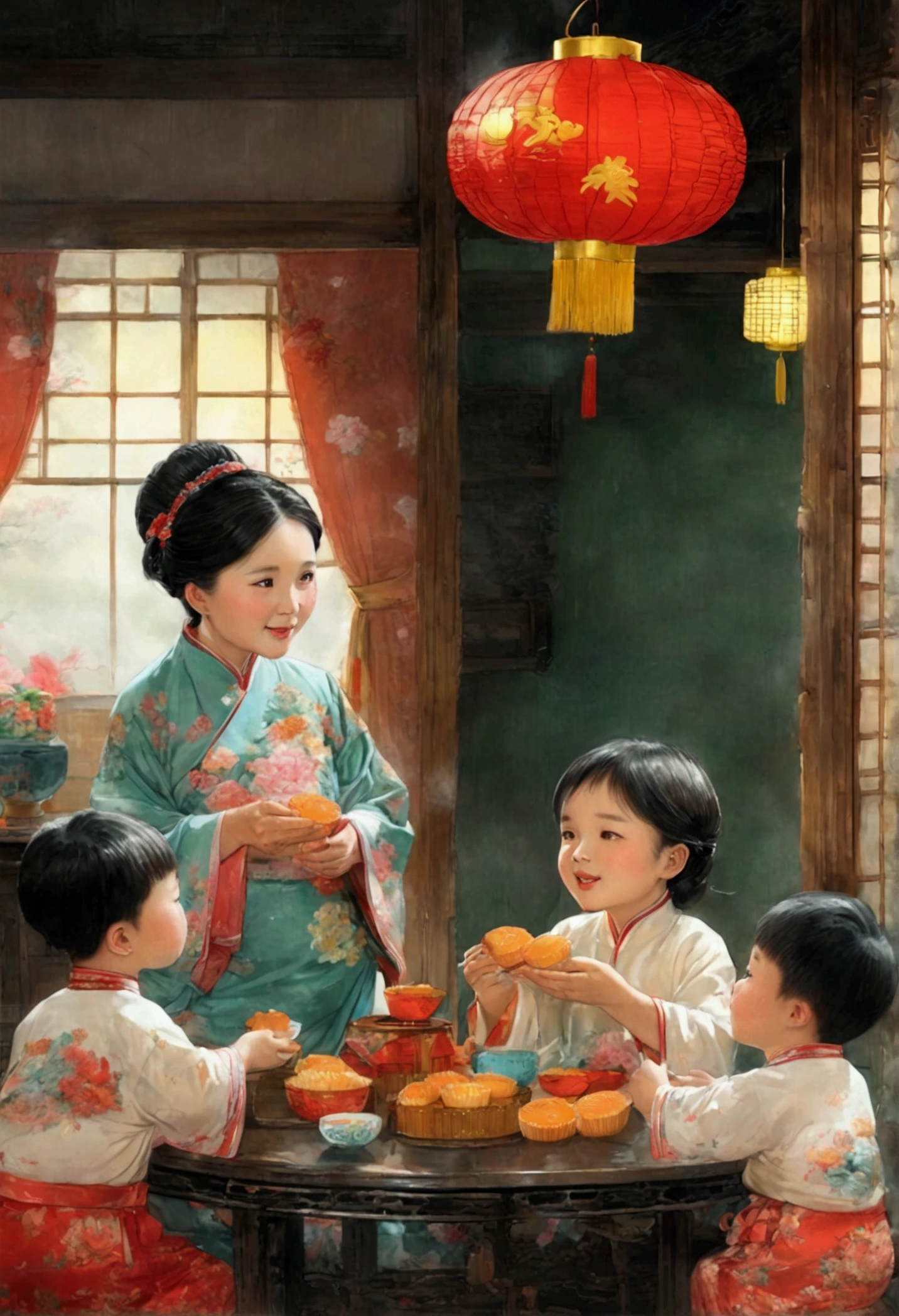 (Top quality、8K、masterpiece:1.3)、China 70s，The family sits together and eats mooncakes,Mom, Dad and children laughing together，Place it in the living room、Bright house scene，Extremely delicate face and skin，Warm scene，Perfect details