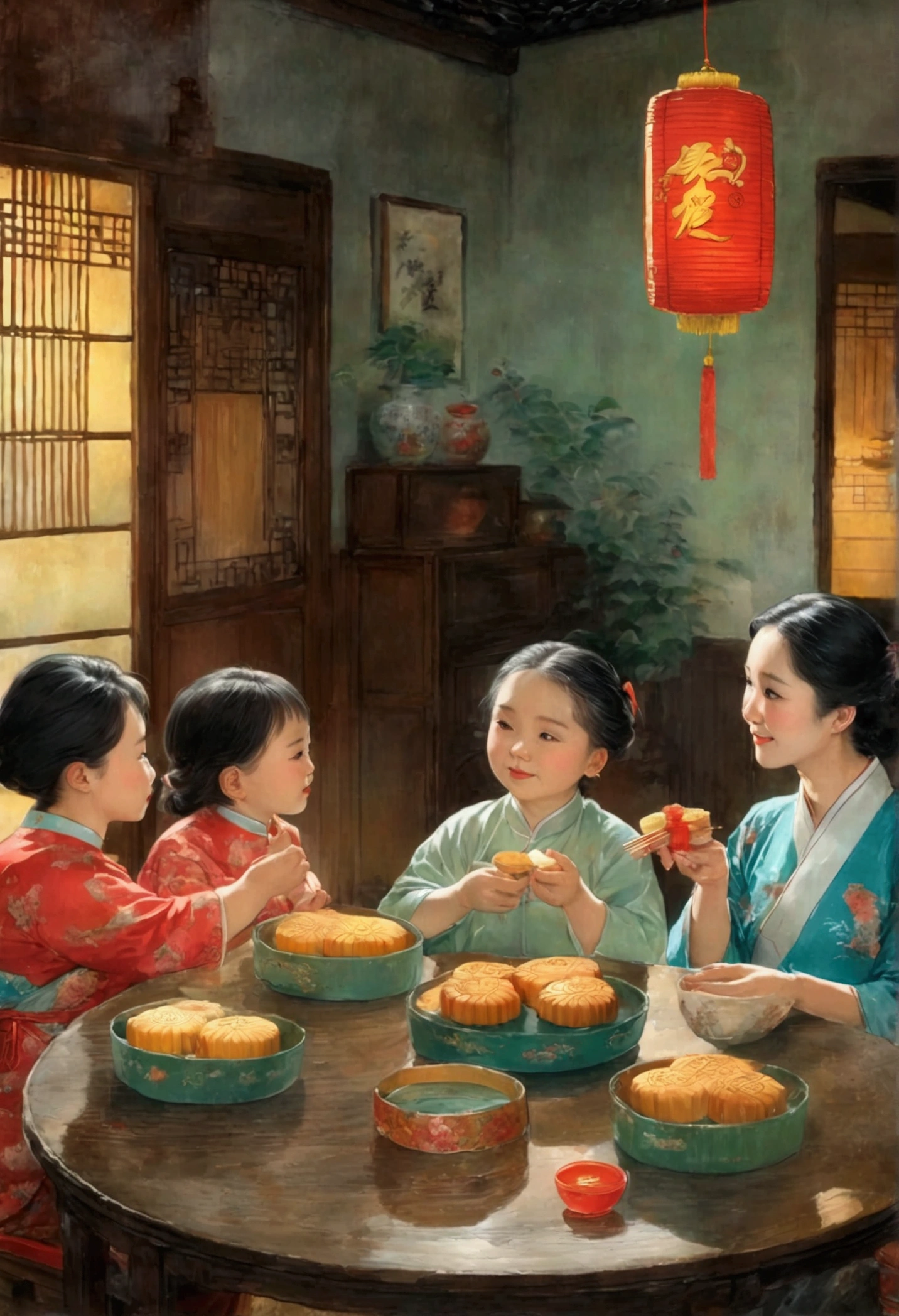 (Top quality、8K、masterpiece:1.3)、China 70s，The family sits together and eats mooncakes,Mom, Dad and children laughing together，Place it in the living room、Bright house scene，Extremely delicate face and skin，Warm scene，Perfect details