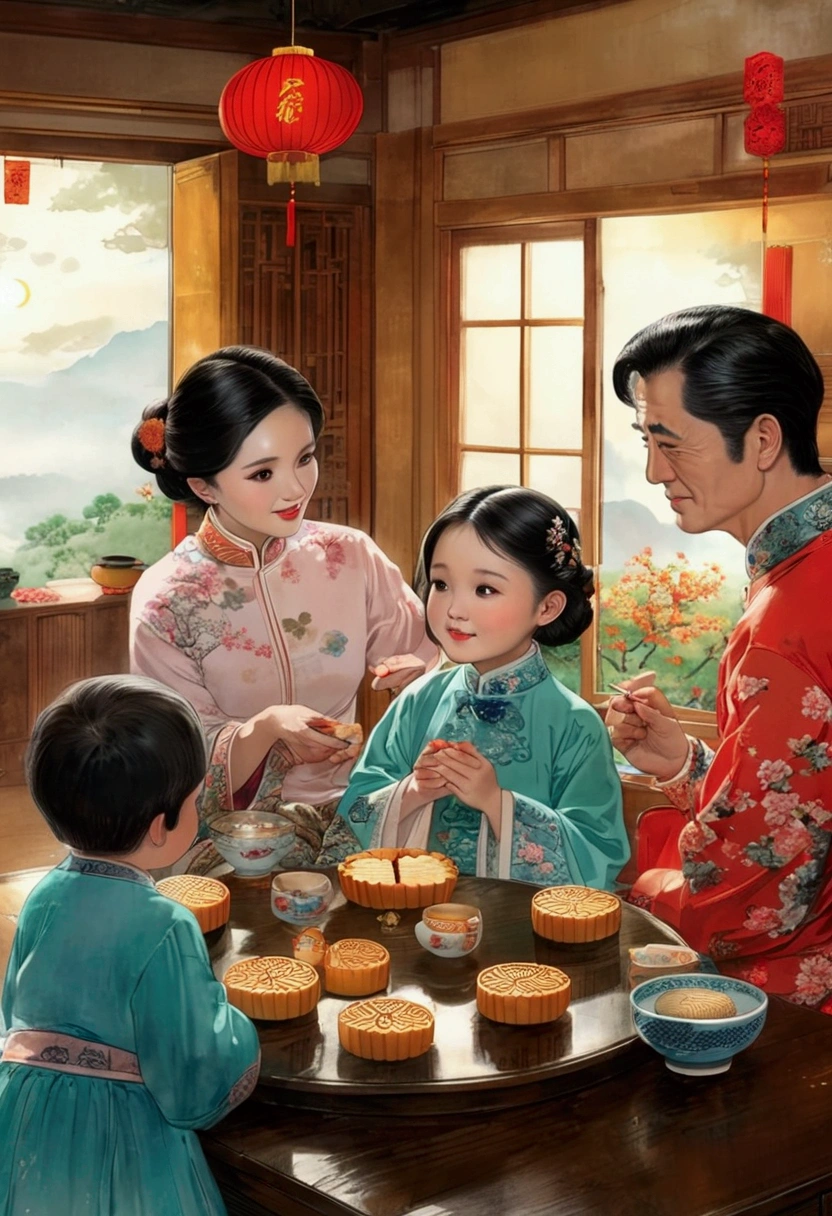 (Top quality、8K、masterpiece:1.3)、China 70s，The family sits together and eats mooncakes,Mom, Dad and children laughing together，Place it in the living room、Bright house scene，Extremely delicate face and skin，Warm scene，Perfect details