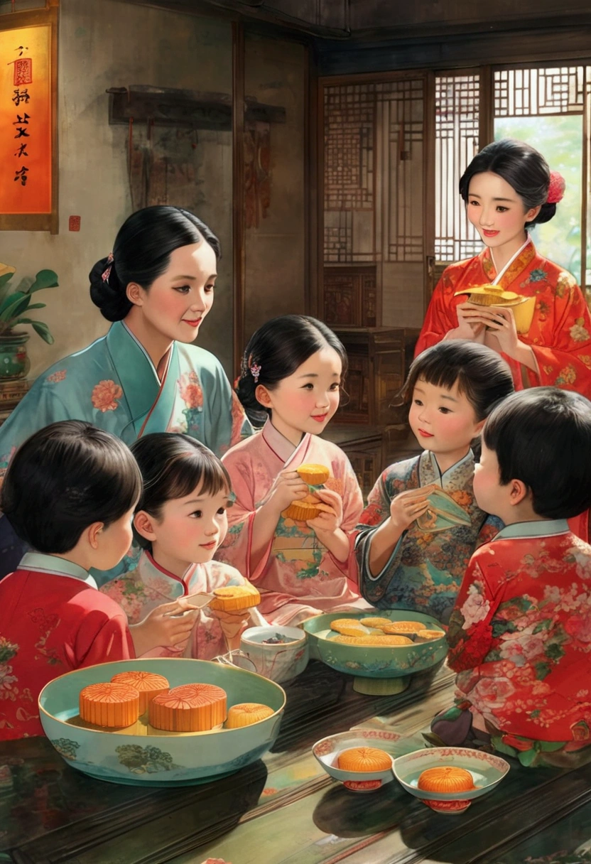 (Top quality、8K、masterpiece:1.3)、China 70s，The family sits together and eats mooncakes,Mom, Dad and children laughing together，Place it in the living room、Bright house scene，Extremely delicate face and skin，Warm scene，Perfect details