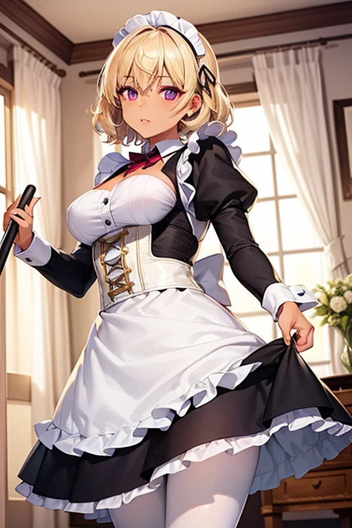 (Tabletop, Highest quality, Very detailed), One Girl, Purple eyes, Blonde, Dark Skin, short hair、Perm Hair、((White Pantyhose))、(Bedroom)、((Maid clothes))、Long skirt、corset