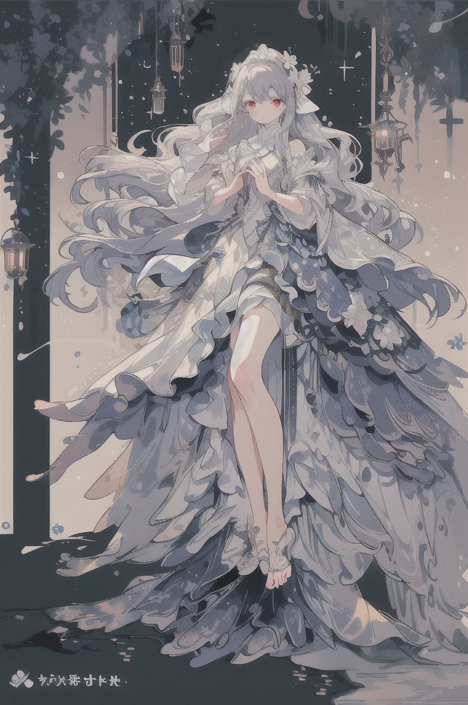 Dreamy and beautiful moonlight in the dark forest。View of a 15-year-old girl from above。(wet silver hair and red eyes)。smile slightly。She wore only a long transparent white cloth with beautiful lace trim。Soak the cloth in water。(splashing in the dark forest lake at night)。(Hair or clothes are wet)。splash。Wet strands of hair。dripping water drops。Fantastic fireflies floating in the air、Light also reflects from water。near method and far method。glitter effects。Dynamic composition with depth。extremely high quality、High level of image quality、extremely delicate。Rare workmanship，round,Room, firm breasts），barefoot，float，water surface，（long legs，long legs，long legs，Gestalt），full-body shot。standing posture
 