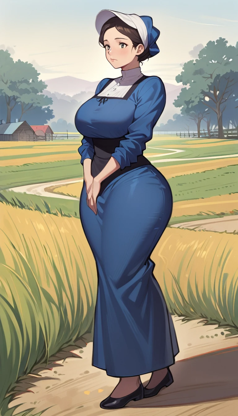 1woman, adult amish woman, 40 years old, pale skin, long sleeved blue dress, she wears small black apron over her blue dress, full body shown, very short brown hair in a conservative style, white bonnet kapp that covers a majority of her hair, wide hips, thick thighs, wearing simple black flats, thick legs, slightly below the knee dress, slight face wrinkles, tight sleeves, standing upright in a farm field, no makeup, hands on lap, side view, aged face, busty, hourglass body figure, rosy cheeks, churning butter