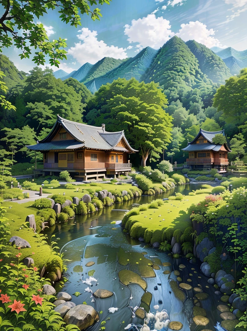 there is a small river running through a lush green forest, rural japan, countryside in japan, japanese village, japanese countryside, japan rural travel, korean countryside, japanese rural town, old asian village, lush japanese landscape, peaceful and serene, wooden cottage, idyllic cottage, wooden houses, peaceful and quiet, japan nature, peaceful landscape, chinese village, cottagecore