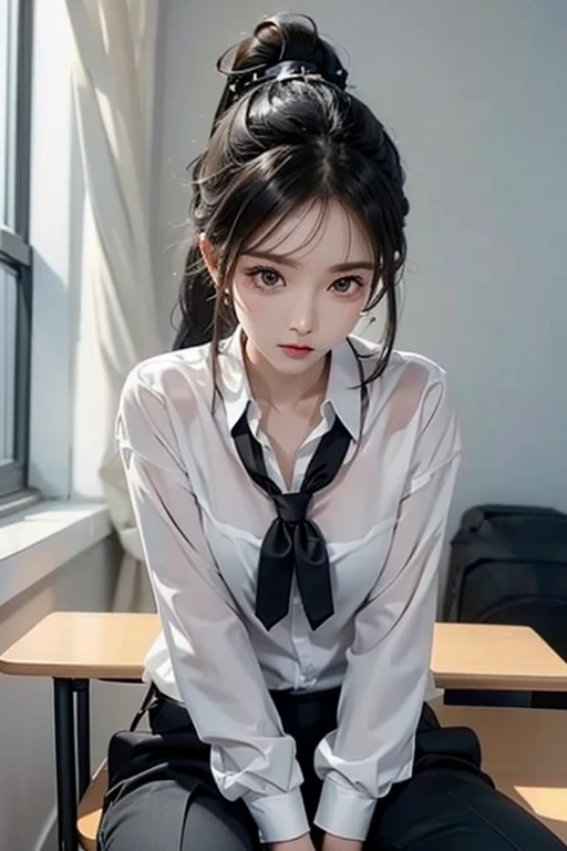 teacher、Black Hair、ponytail、White blouse、Black tie、Black trousers、cool、School、sitting on desk