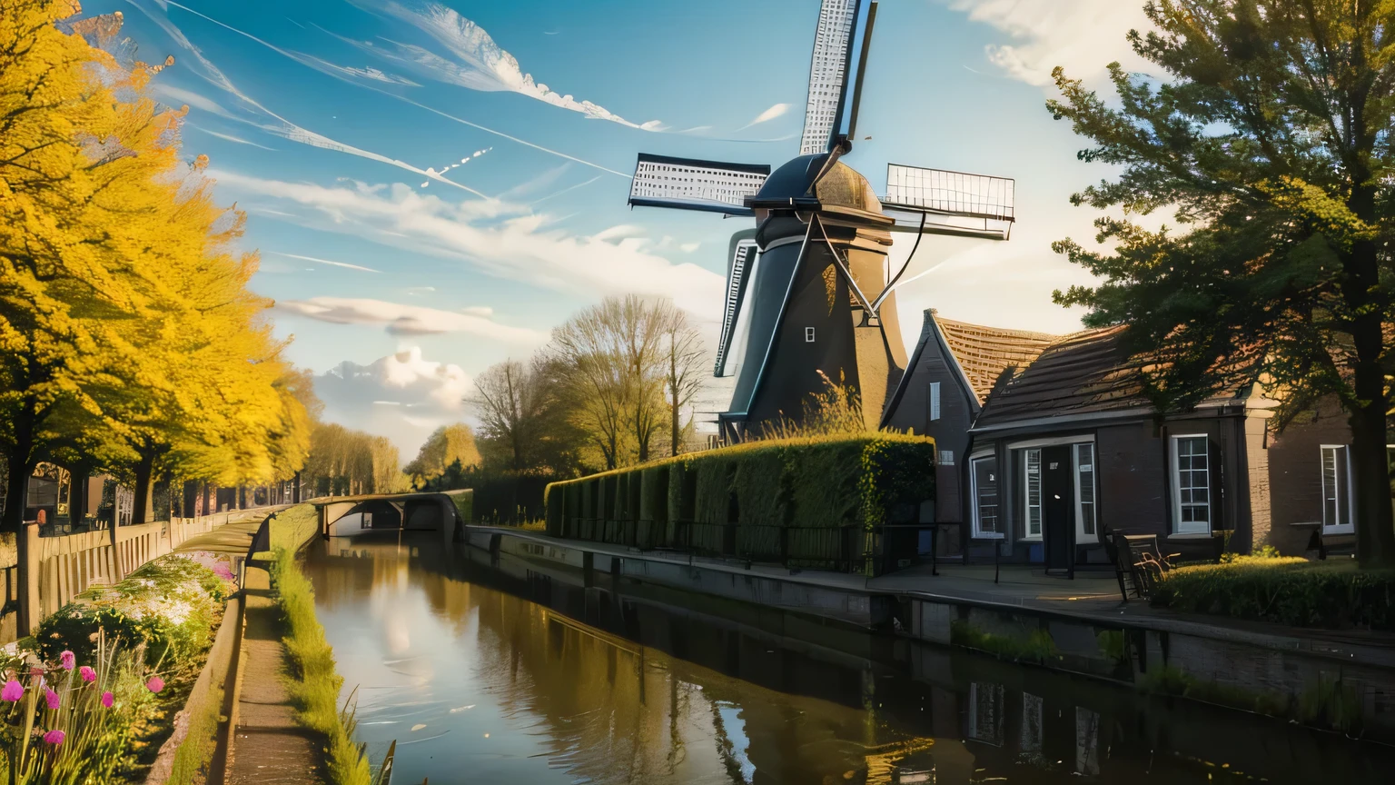 Dramatic lighting, sunny day, Dutch countryside in spring, canal and traditional windmill