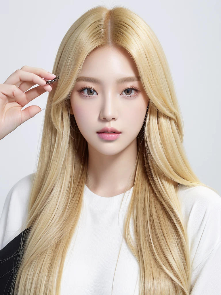 Long hair blonde woman holding white mobile phone., Portrait of Kim Petra, popular makeup in korea, Portrait of Blackpink Josh, Blackpink&#39;s Roseanne Park, Best Face, popular korean makeup, Brutal Korean Gothic Girl, Avamax, with long white hair, You need Yanjun Cheng for inspiration., beautiful dolphin, Taejin Kim