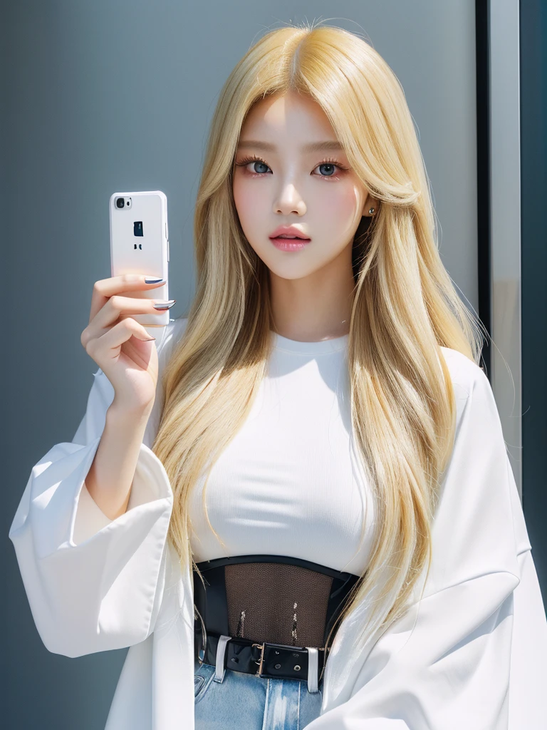 Long hair blonde woman holding white mobile phone., Portrait of Kim Petra, popular makeup in korea, Portrait of Blackpink Josh, Blackpink's Roseanne Park, Best Face, popular korean makeup, Brutal Korean Gothic Girl, Avamax, with long white hair, You need Yanjun Cheng for inspiration., beautiful dolphin, Taejin Kim