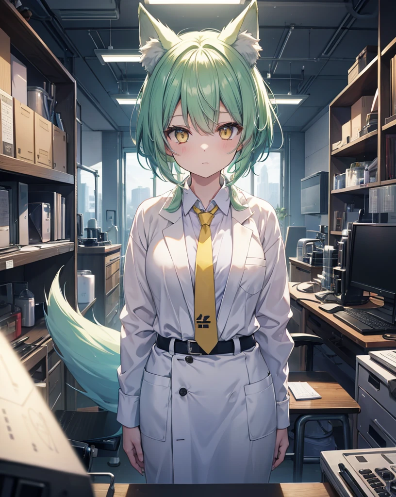 masterpiece, best quality, BREAK in a detailed laboratory setting, laboratory, INSIDE shot, digital art, numerous test tubes on the desk BREAK 1girl, nekogirl with green hair, white fox tail, lab coat in Japanese style, yellow eyes, necktie, cityscape visible through the window, she's enthusiastic, microscope