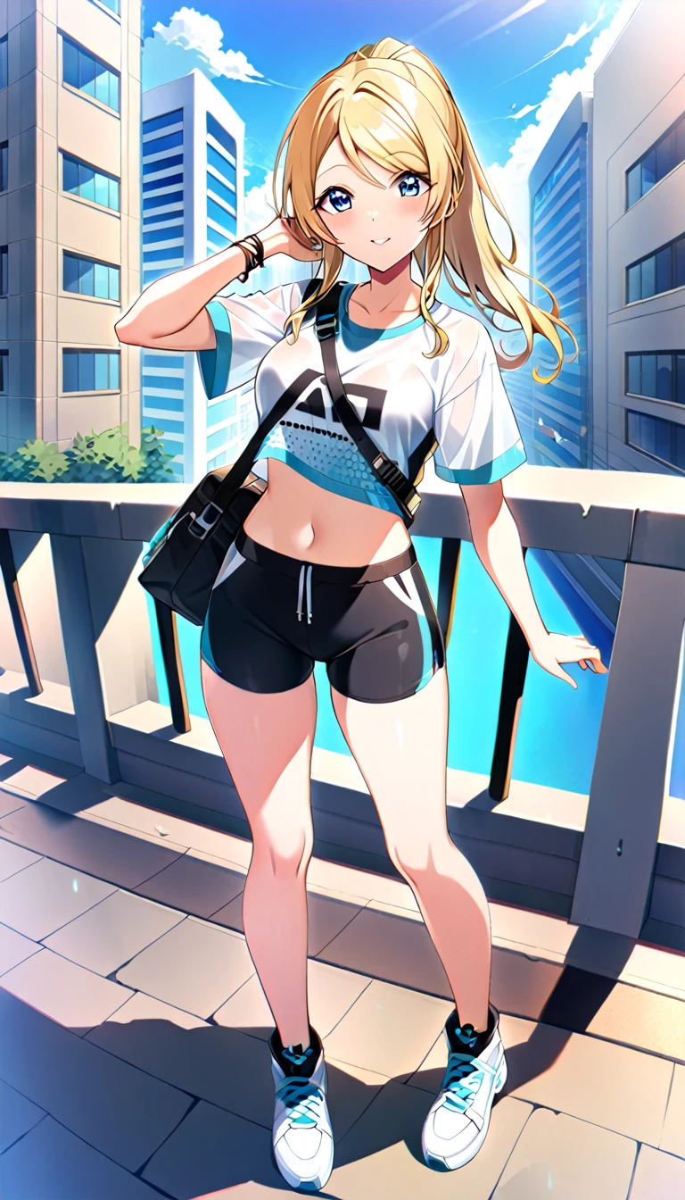 18-year-old adult woman, Eri Ayase, full body, wearing active clothes for going out in the city in midsummer, medium chest, id_eli_ayase, city background, 8k