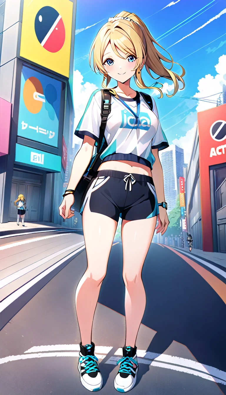 18-year-old adult woman, Eri Ayase, full body, wearing active clothes for going out in the city in midsummer, medium chest, id_eli_ayase, city background, 8k