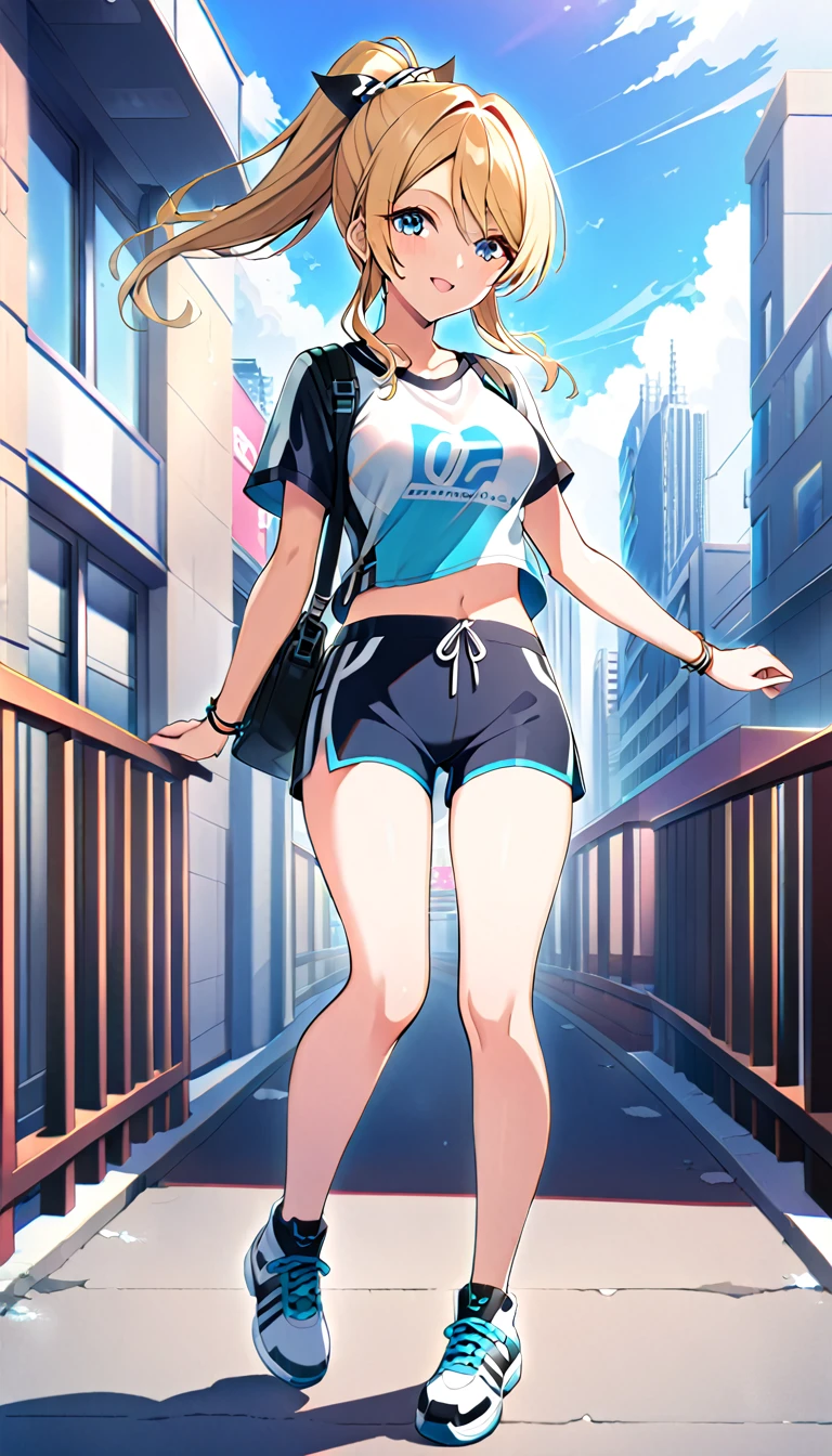 18-year-old adult woman, Eri Ayase, full body, wearing active clothes for going out in the city in midsummer, medium chest, id_eli_ayase, city background, 8k