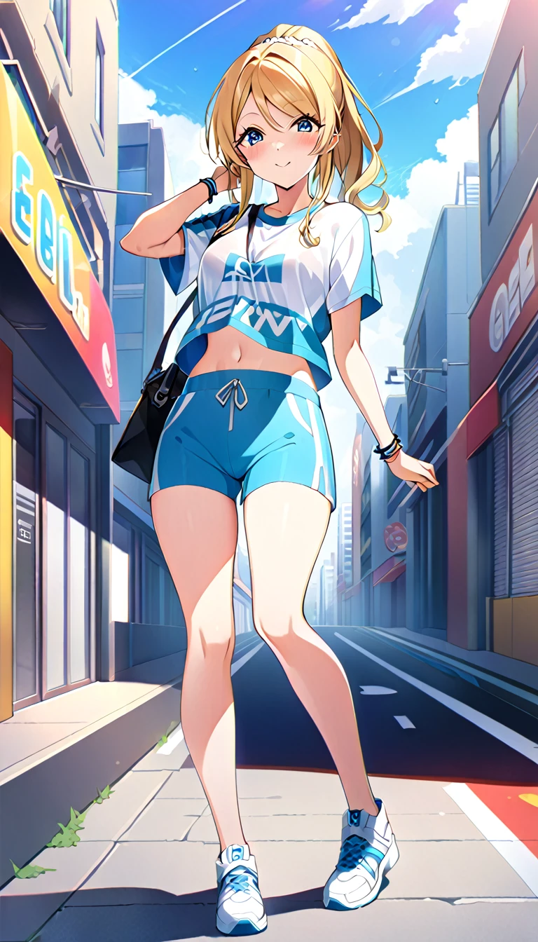 18-year-old adult woman, Eri Ayase, full body, wearing active clothes for going out in the city in midsummer, medium chest, id_eli_ayase, city background, 8k