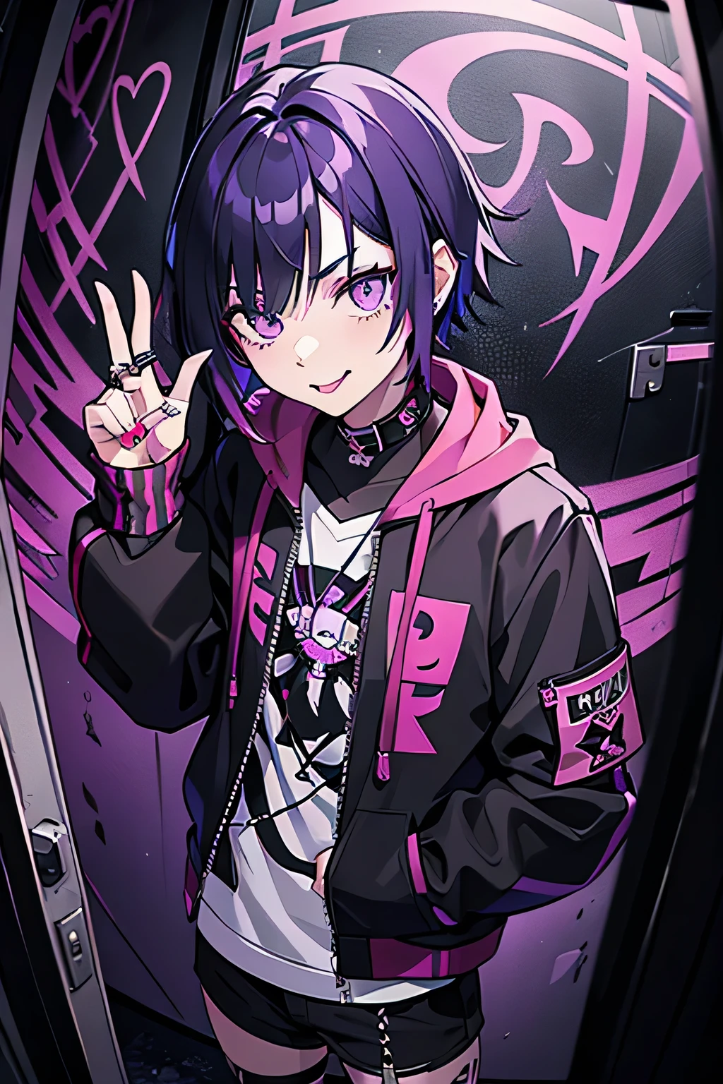 photo of an emo goth man with purple hair, mesh red hair,wearing a jacket covered in band patches and lots of rings on her fingers, sticking out tongue, standing against the wall inside night club, walls decorated with graffiti and stickers saying "TO interrogation", shot from low angle, dynamic pose, fisheye lens, short hair