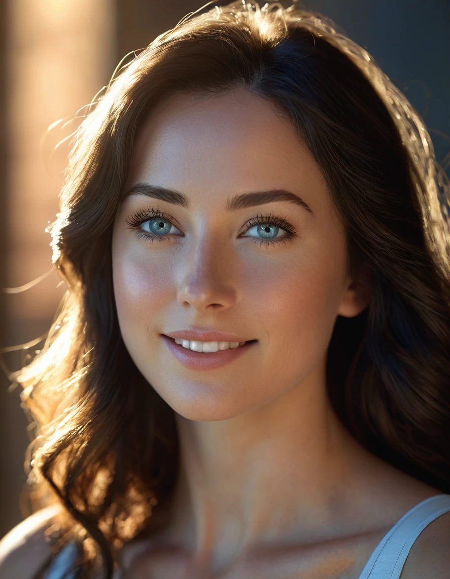 (masterpiece), best quality, A portrait of a 23-year-old brunette woman (her face is a mix of Christine Taylor and 1970's Maureen Mc Cormick), dramatically lit by warm sunlight that creates patterns of light and shadow across her features. Light filters through through the arabesque lattice, casting scattered shadows that give texture to her skin. Her light acqua blue-colored eyes are striking, with the iris clearly visible and reflecting the light, becoming the focal point of the photograph. Her expression is happy and smiling and she looks out of the frame with a gentle intensity. She has long, straight light black hair and her light pale skin is toned by the sunlight. The overall atmosphere is intimate, emphasizing the intricate interplay of light and dark on her face. HDR(HighDynamicRange),Ray tracing,NVIDIA RTX,Hyper-Resolution,Unreal 5,sub-surface Scattering,PBR Texturing,Postprocess,Anisotropy Filtering,depth of fields,Maximum clarity and sharpness,multi-layer texture,Albedo and specular maps,Surface Shading