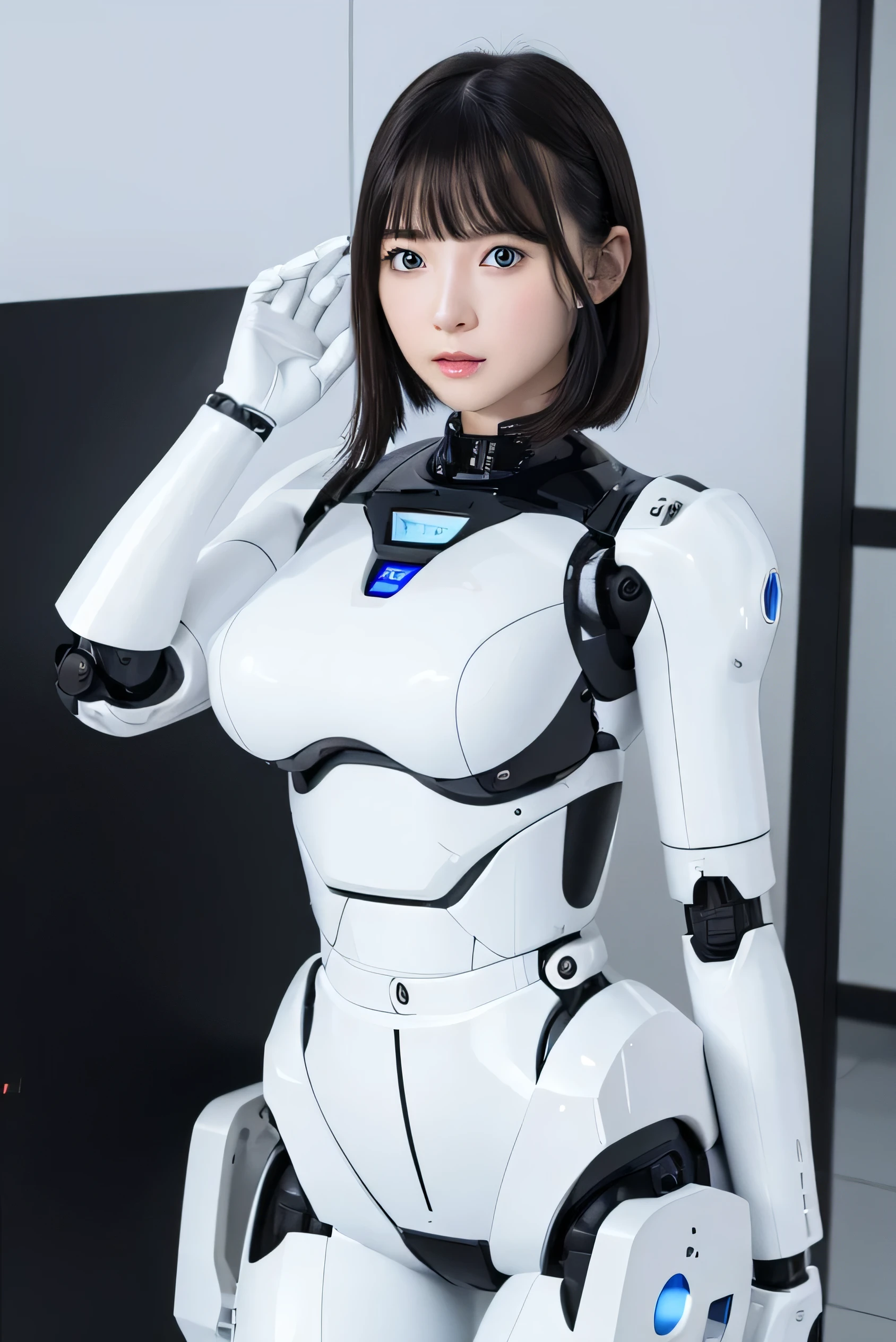masterpiece, best quality, extremely detailed, 8K portrait,1girl in, Japaese android girl,android teacher,Plump , control panels,android,Droid,Mechanical Hand, ,Robot arms and legs, Black hair,Mechanical body,Blunt bangs,White Robotics Parts,perfect robot woman,Charging spot,perfect mechanical body,white robotics body,android assembly plant,white body,She has repaired,black sponge joints,android,laboratory,perfect machine body,white robot body,blue eyes