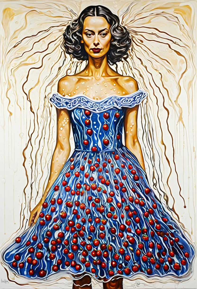 portrait of a beautiful woman wearing a magical dress made of soft wax, squashed berries dripping, wax, clay and oilstick on canvas, by munch and Dali