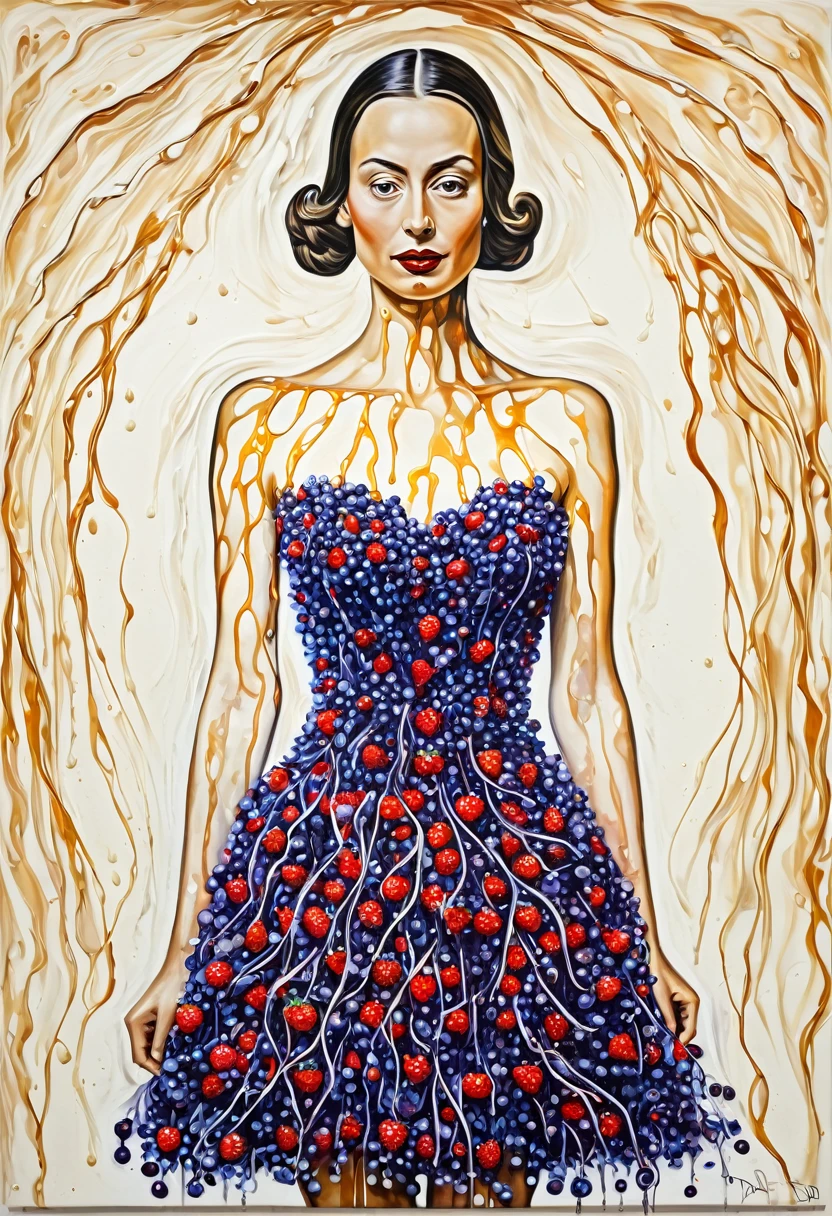 portrait of a beautiful woman wearing a magical dress made of soft wax, squashed berries dripping, wax, clay and oilstick on canvas, by munch and Dali
