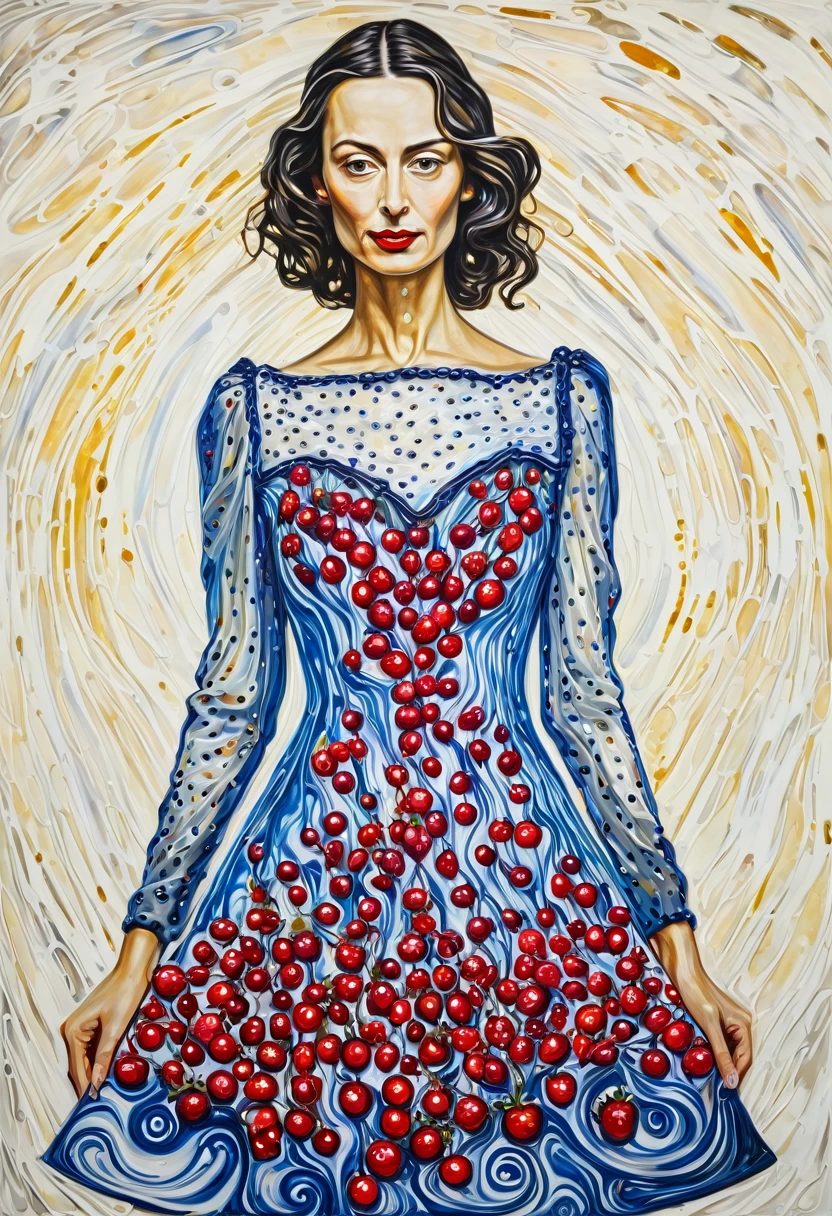 portrait of a beautiful woman wearing a magical dress made of soft wax, squashed berries dripping, wax, clay and oilstick on canvas, by munch and Dali
