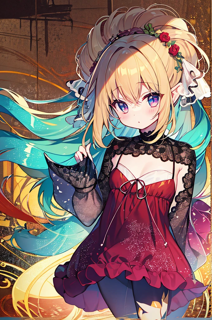 (masterpiece)、(Highest quality)、(Very detailed)、Official Art、One 、Blonde 、Little devil dress、No sleeve、、See through、small胸、最も胸がsmall、small、Cleavage、Thigh Focus、Card illustration、enchanting darkness