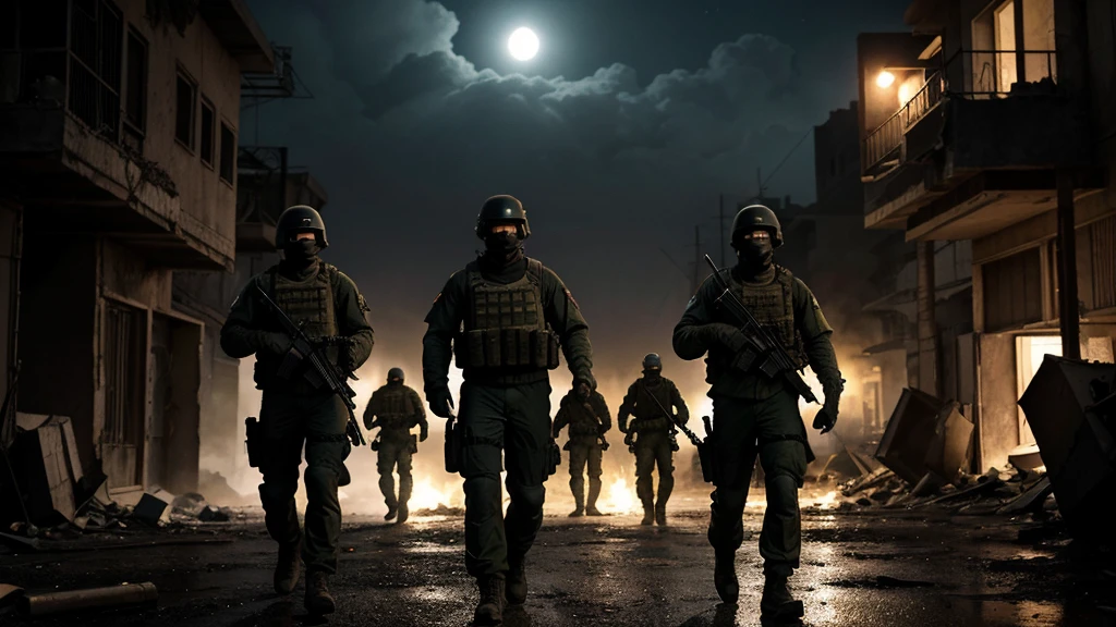Create a high-resolution image of a squad of black commandos on a night mission walking through a warzone area. The commandos should be in tactical gear with realistic textures and details, equipped with night vision goggles. The background should feature destroyed houses, tanks, and helicopters with a blurred effect to emphasize motion and chaos, similar to the effect in the provided image. Smoke should billow from various points in the scene to enhance the warzone atmosphere. Use realistic lighting to capture the eerie and tense environment of a nighttime mission, with subtle highlights and shadows to accentuate the details. Ensure the scene has a moonlit sky with scattered clouds, adding to the realism. The overall color tone should have a cool, dark palette to convey the nighttime setting, with the same gritty, intense atmosphere seen in the provided image.