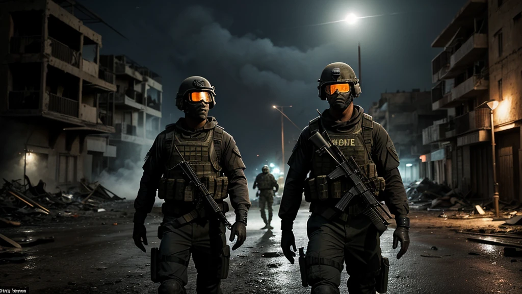 Create a high-resolution image of a squad of black commandos on a night mission walking through a warzone area. The commandos should be in tactical gear with realistic textures and details, equipped with night vision goggles. The background should feature destroyed houses, tanks, and helicopters with a blurred effect to emphasize motion and chaos, similar to the effect in the provided image. Smoke should billow from various points in the scene to enhance the warzone atmosphere. Use realistic lighting to capture the eerie and tense environment of a nighttime mission, with subtle highlights and shadows to accentuate the details. Ensure the scene has a moonlit sky with scattered clouds, adding to the realism. The overall color tone should have a cool, dark palette to convey the nighttime setting, with the same gritty, intense atmosphere seen in the provided image.