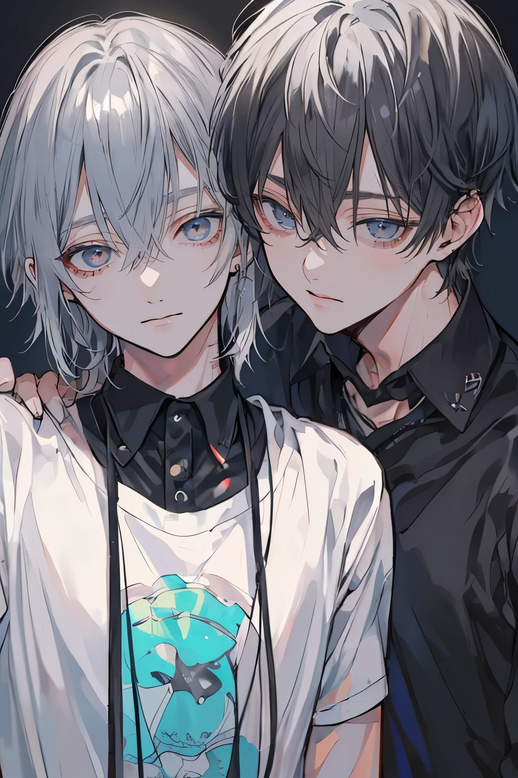 (Mastepiece), (Best Quality), Very detailed, ((Two friendly men:1.5)), Perfect Face, Beautiful Face, Very detailedな顔,(Upper body shot:1.3),(Black-haired man:1.3),(Grey-haired man:1.3)、T-Shirts、smile