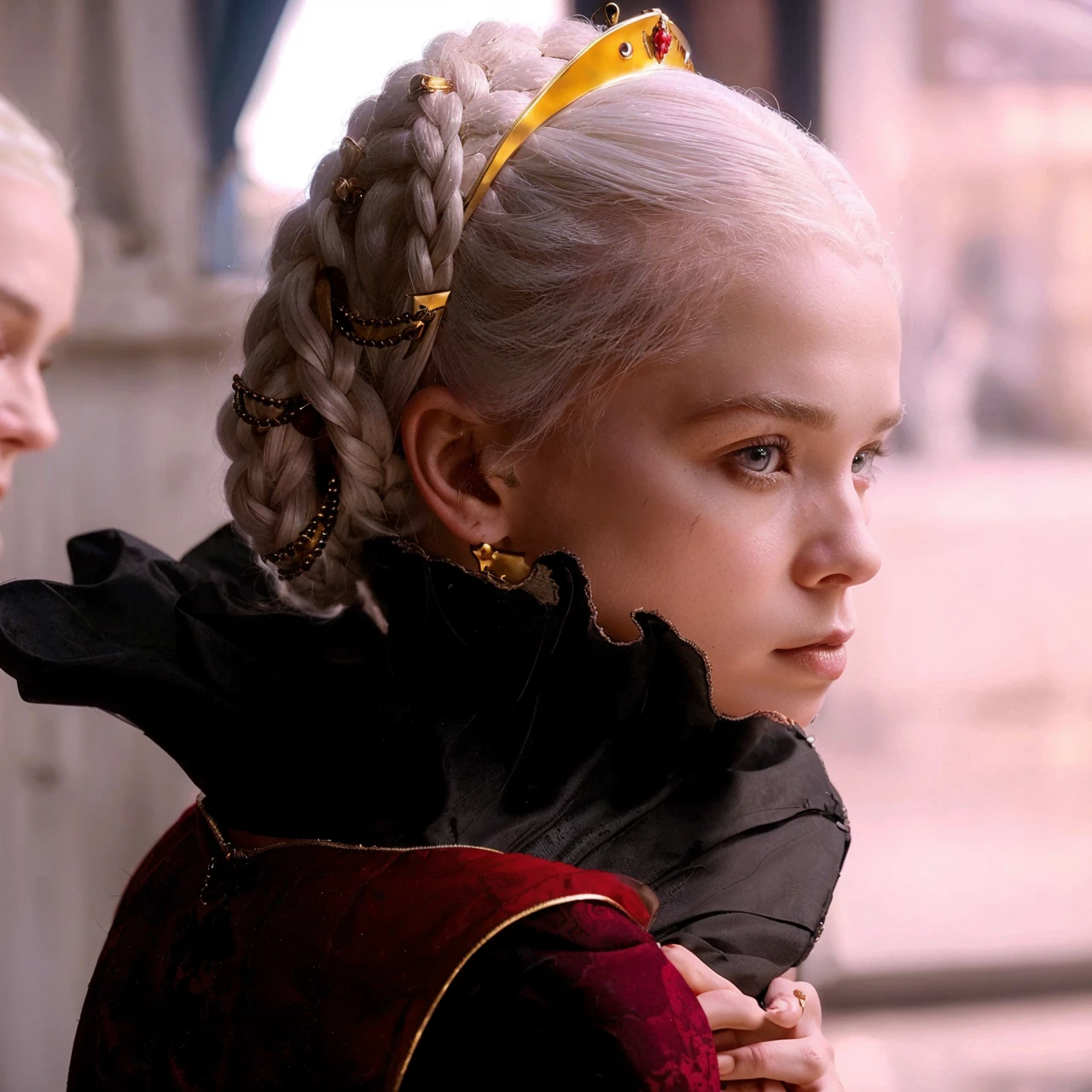 Beautiful albino woman with detailed braided medieval hairstyle (updo) (white hair), wearing detailed medieval gown (red and black colours), with gold accessories and gold tiara, medieval queen, medieval woman,queen,game of thrones style,daenerys targaryen style, high quality, very detailed,hd quality, masterpiece 