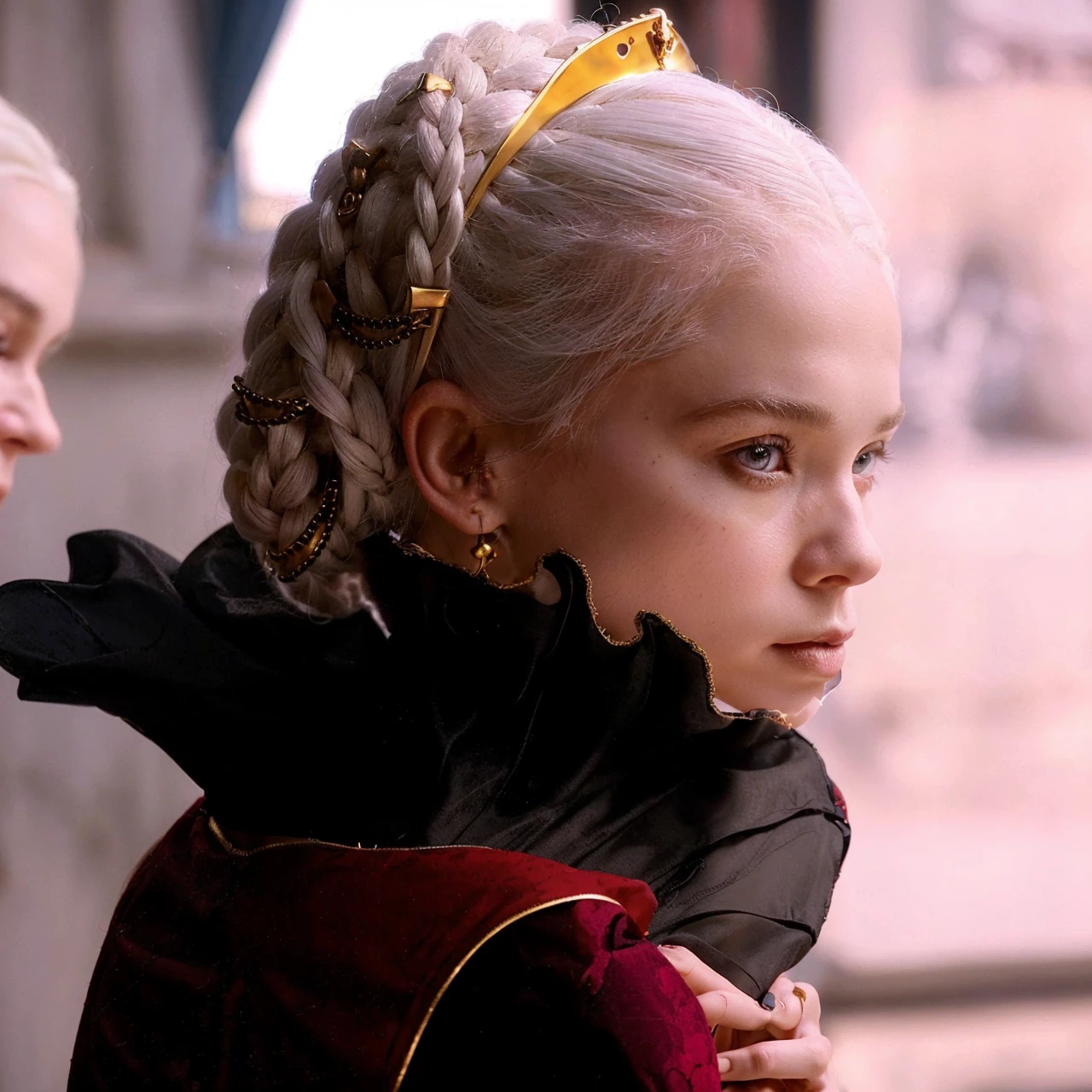 Beautiful albino woman with detailed braided medieval hairstyle (updo) (white hair), wearing detailed medieval gown (red and black colours), with gold accessories and gold tiara, medieval queen, medieval woman,queen,game of thrones style,daenerys targaryen style, high quality, very detailed,hd quality, masterpiece