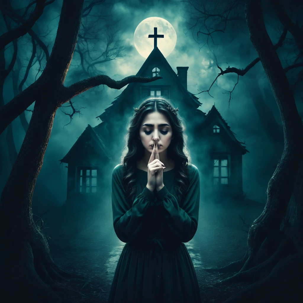 Make a dreamy mysterious horror style image symbolizing anxiety and hope, symbols of crossed fingers