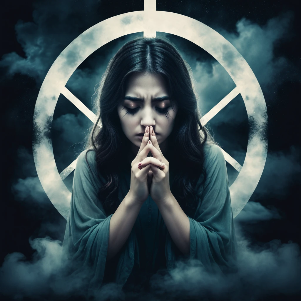 Make a dreamy mysterious horror style image symbolizing anxiety and hope, symbols of crossed fingers