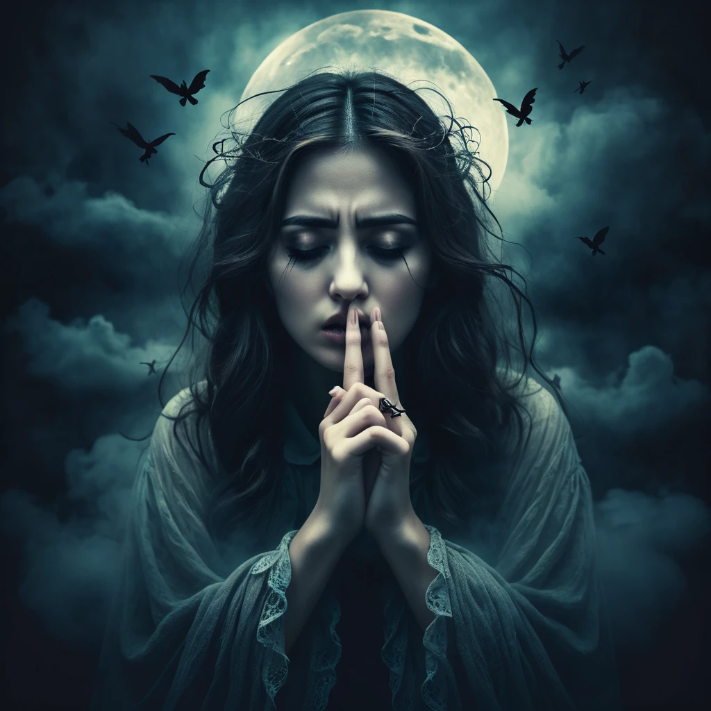 Make a dreamy mysterious horror style image symbolizing anxiety and hope, symbols of crossed fingers