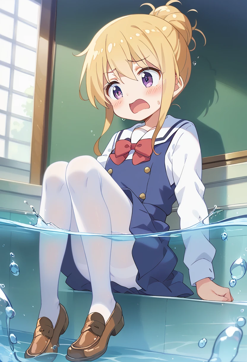 score_9, score_8_up, score_7_up, source_アニメ, masterpiece, 1girl, watahana, school uniform, blue dress, sailor dress, pinafore dress, white sailor collar,white shirt, red bowtie, long sleeves, flat chest, white pantyhose, loafers, indoors, shiny hair, cuteポーズ, (Completely flooded)、((The skirt spreads over the water surface.))、(Drowning), Immersed in water、Transparent pool, Water Play, Primary school students、Skirt fully open、Long wide skirt、cute、blush、Watery eye、Lots of water、Wet