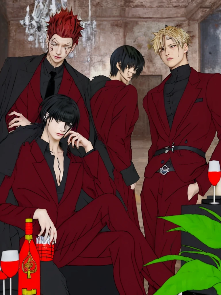 Hisoka morow from Hunter x Hunter, dark red hair up, Toji fushiguro from jujutsu kaisen, black hair, chrollo Lucilfer from Hunter x Hunter, black hair parted in the middle, Nanami Kento from jujutsu kaisen, undercut blonde hair, black shirt, red jacket