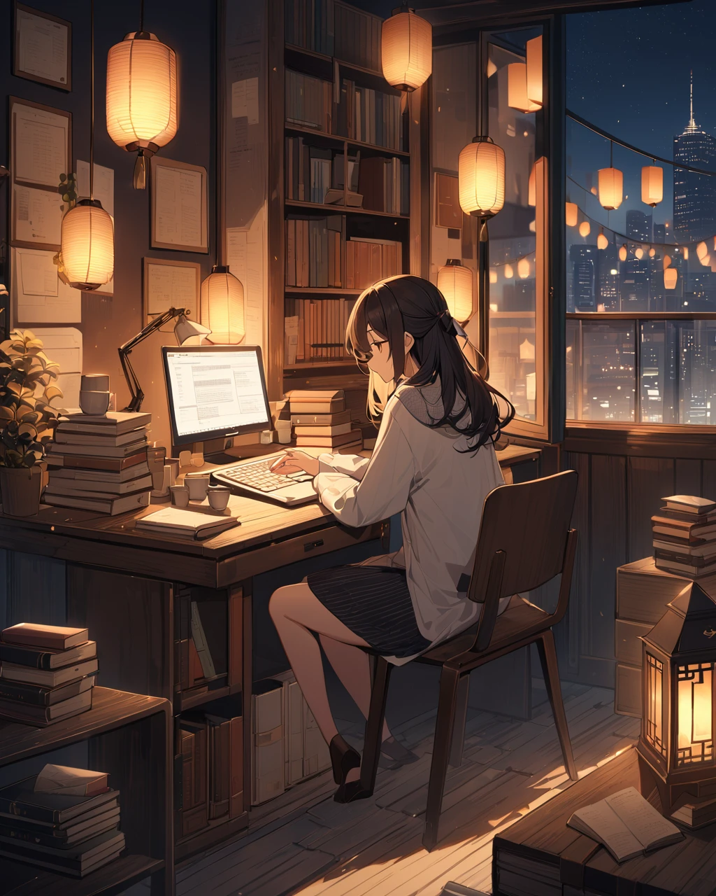 Detailed anime illustration A cozy room filled with books and warm lighting. A girl with long, dark hair is sitting at a cluttered wooden desk, sipping from a cup while working on a laptop. The room is dimly lit by numerous hanging lanterns and a lamp on the desk. Large windows behind her reveal a stunning nighttime cityscape with a prominent skyscraper. The desk is covered with open books and coffee cups, creating an ambiance of serene productivity and comfort."