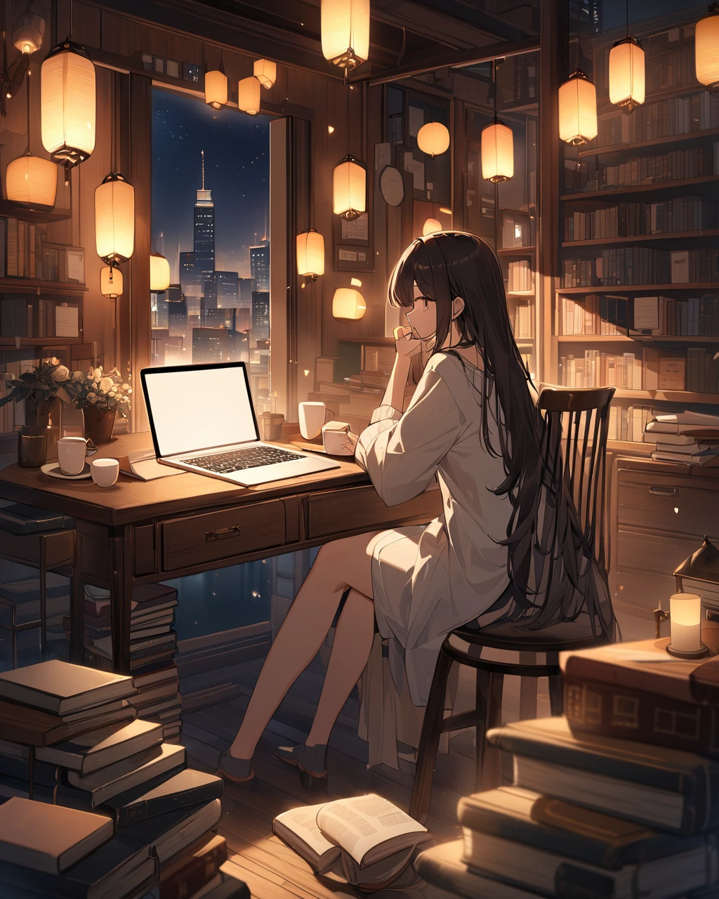 Detailed anime illustration A cozy room filled with books and warm lighting. A girl with long, dark hair is sitting at a cluttered wooden desk, sipping from a cup while working on a laptop. The room is dimly lit by numerous hanging lanterns and a lamp on the desk. Large windows behind her reveal a stunning nighttime cityscape with a prominent skyscraper. The desk is covered with open books and coffee cups, creating an ambiance of serene productivity and comfort."