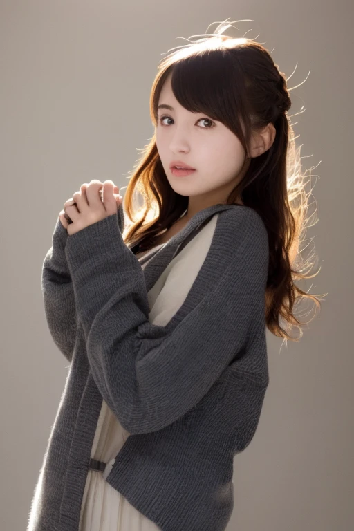 Detailed details,、hight resolution、hightquality、Perfect dynamic composition、Beautiful detailed eyes、short-hair、Small breasts、Natural Color Lip、Kamimei、Shibuya、20 years girl、1 persons、Transparent skin、Glowing hair、masutepiece、Best Quality、finely detail、hight resolution、8K、The correct state of the human body、randome pose、Gravure Model Pose、Onepiece、Cardigan、a miniskirt、Hair soaring in the wind、
