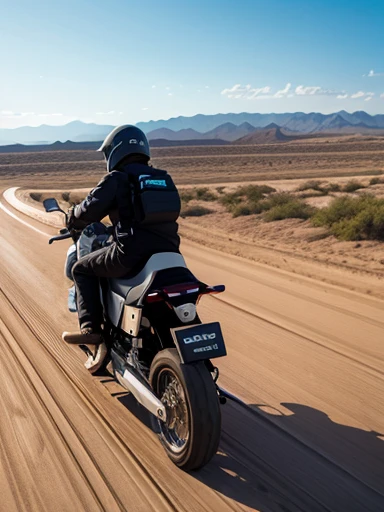 desert, (KAWASAKI Off-road motorcycle), ((riding motorcycle)), ((jumping)), blue sky and shining lights, wide shot, low angle shot