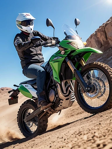 desert, (KAWASAKI Off-road motorcycle), ((riding motorcycle)), ((jumping)), blue sky and shining lights, wide shot, low angle shot