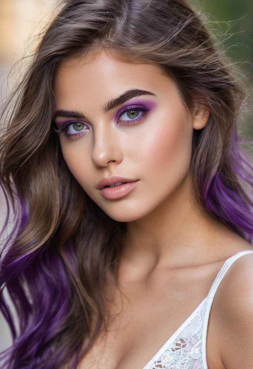 Fille de 25 ans avec des vagues faites par Wawer ((cheveux longs)), taches de rousseur, yeux verts et cheveux bruns Beau réaliste , une belle fille de 25 ans, cheveux bruns, (((yeux verts brillants))), jeune, grosses lèvres, petit nez, sourcils épais, round jeune cheeks, cheveux longs, peau bronzée, ((((haut de couleur violet avec de gros seins)))