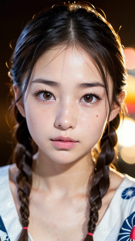 Highest quality, Face Focus, Soft Light, Ultra-high resolution, (Realistic:1.4), RAW Photos,
1 Japanese girl, alone, cute, (pupil, Light in your eyes),  Beautiful face in every detail, (Detailed eye resolution),(High resolution detail of human skin texture),
(forehead、twin braids),
Small breasts、((yukata、Fireworks display))、Rukutama、Open your mouth a little、freckles、cleavage 、
(Portraiture)