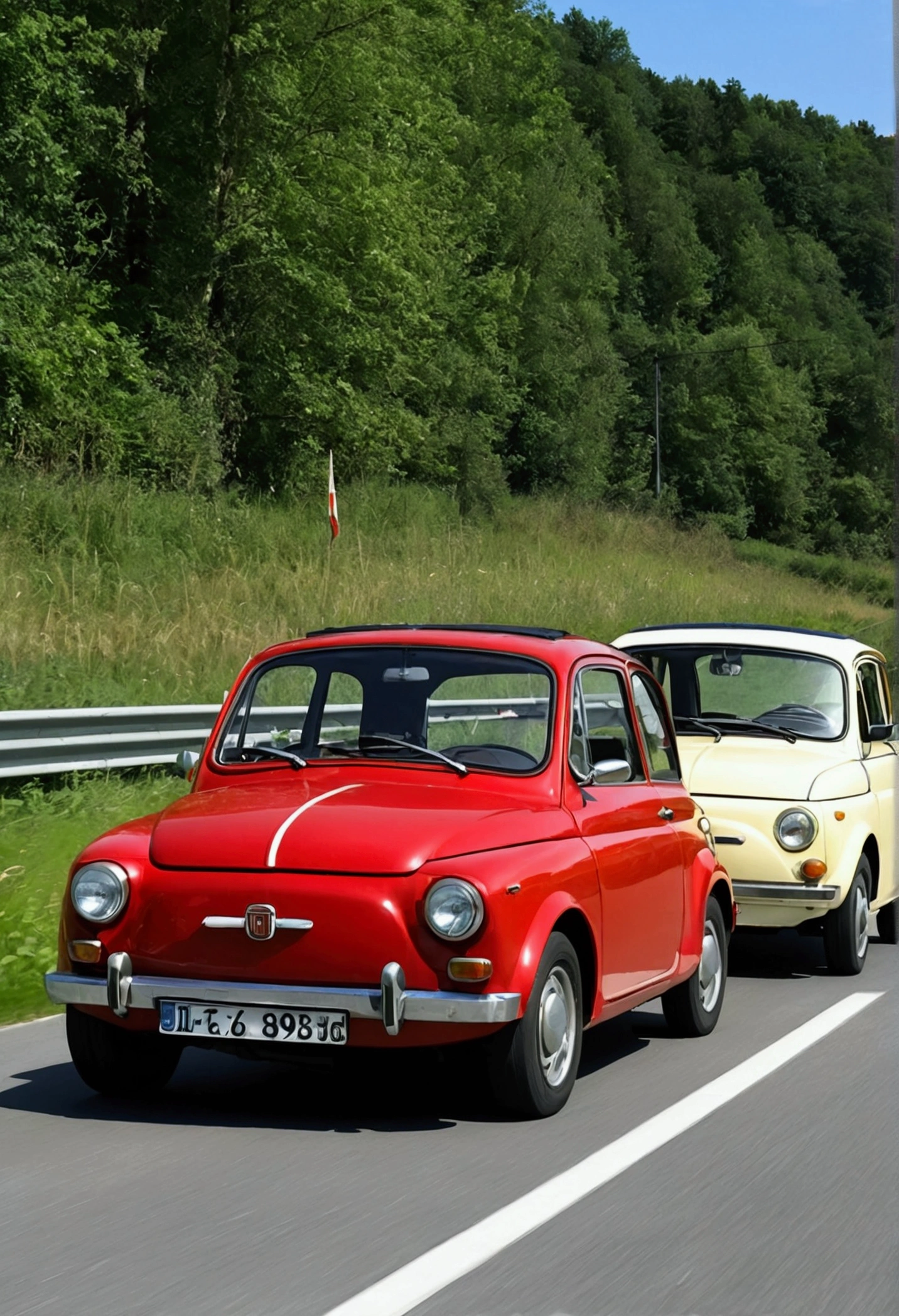 a mixture of a Trabant and a Fiat 500 from 40 years ago. am Steuer ist ein about 120 kg schwerer bärtiger junger Mann mit dunklen Haaren, about 1,90 m tall and yet the passenger side is a red-haired guy, about 80 kilos and 1,80 m gross, 18 year old. The vehicle is currently travelling on German motorways towards southern Germany. the sun shines on the car. good weather is available and they are moving quite quickly. a beautiful picture sequence with full HD. 4K resolution photorealistic masterpiece super high resolution details!