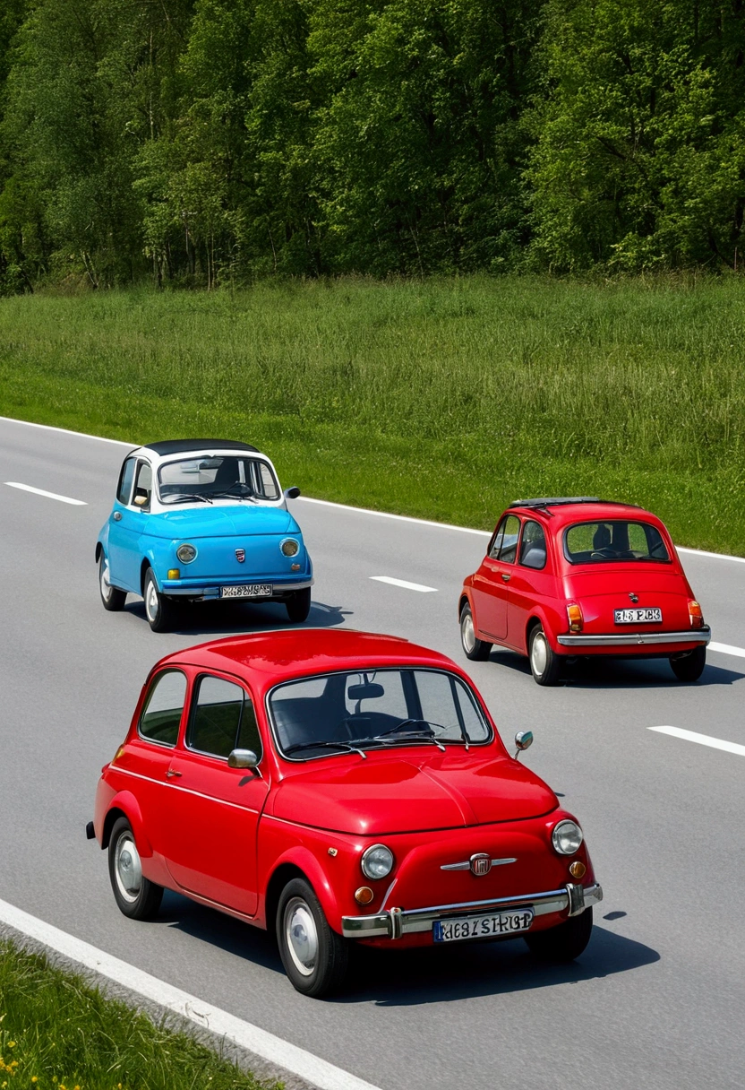 a mixture of a Trabant and a Fiat 500 from 40 years ago. am Steuer ist ein about 120 kg schwerer bärtiger junger Mann mit dunklen Haaren, about 1,90 m tall and yet the passenger side is a red-haired guy, about 80 kilos and 1,80 m gross, 18 year old. The vehicle is currently travelling on German motorways towards southern Germany. the sun shines on the car. good weather is available and they are moving quite quickly. a beautiful picture sequence with full HD. 4K resolution photorealistic masterpiece super high resolution details!