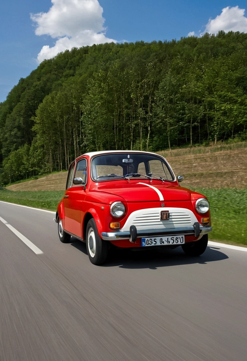a mixture of a Trabant and a Fiat 500 from 40 years ago. am Steuer ist ein about 120 kg schwerer bärtiger junger Mann mit dunklen Haaren, about 1,90 m tall and yet the passenger side is a red-haired guy, about 80 kilos and 1,80 m gross, 18 year old. The vehicle is currently travelling on German motorways towards southern Germany. the sun shines on the car. good weather is available and they are moving quite quickly. a beautiful picture sequence with full HD. 4K resolution photorealistic masterpiece super high resolution details!
